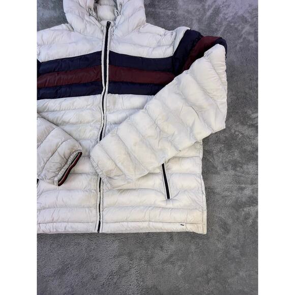 Tommy Hilfiger Mens Large Puffer Jacket White Navy Hooded Spellout Winter Coat - Picture 10 of 11